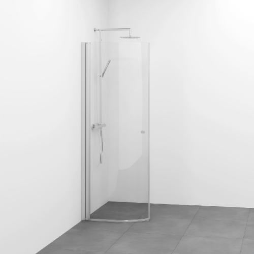 Spirit Rund Sturtuhurð boga 80cm Hnappur / Ál / Glært gler